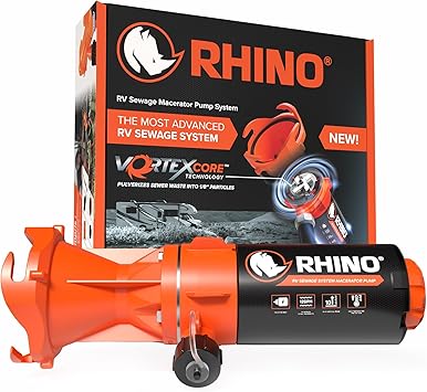 Camco Rhino Camper/RV Sewage Macerator Pump Kit - Features Run Dry Protection and High Temp Protection - Compatible w/4, 3.5 & 3 Sewer Outlets - Designed w/Self-Priming 12 Volt DC Motor 39040
