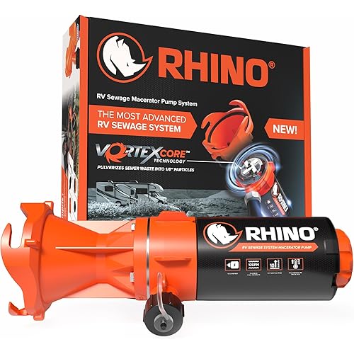 Camco Rhino Camper/RV Sewage Macerator Pump Kit - Features Run Dry Protection and High Temp Protection - Compatible w/4”, 3.5” & 3” Sewer Outlets - Designed w/Self-Priming 12 Volt DC Motor (39040)