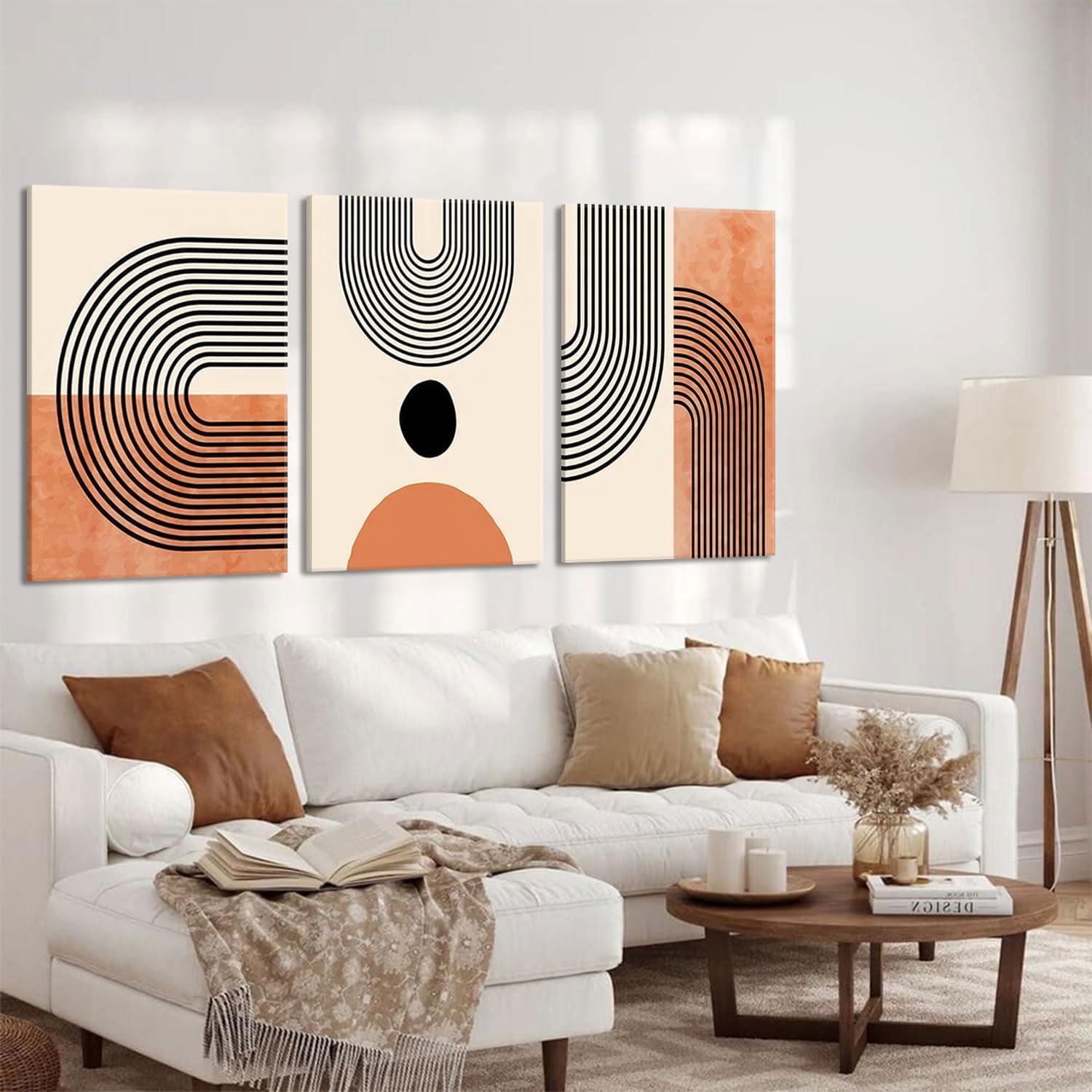 3Pcs Minimalist Boho Canvas Wall Art Beige Orange Bohemian Line Wall Decor Pictures Modern Mid Century Posters Prints Abstract Neutral Geometric Paintings for Living Room Bedroom Home Decoration