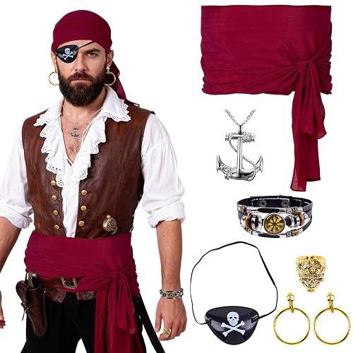 Accesorios de Disfraz Pirata Mujer Hombre,Bandana y Cinturón Pirata, Parche, Pulsera, Pendientes Collar