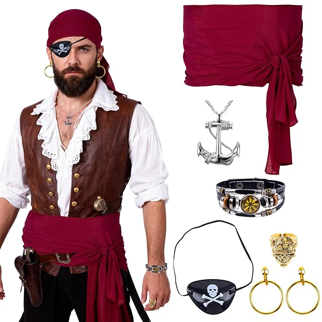 Accesorios de Disfraz Pirata Mujer Hombre,Bandana y Cinturón Pirata, Parche, Pulsera, Pendientes Collar