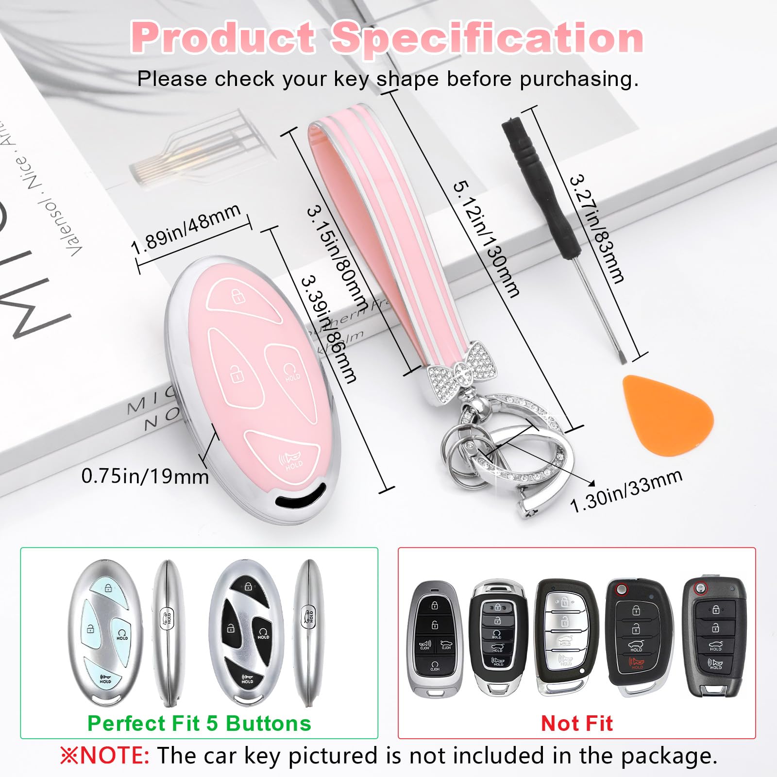 PIFOOG for Hyundai Key Fob Cover 2024 2025 Elantra Santa Fe Sonata Tucson Kona Ioniq 6 Pink 5 — view 2