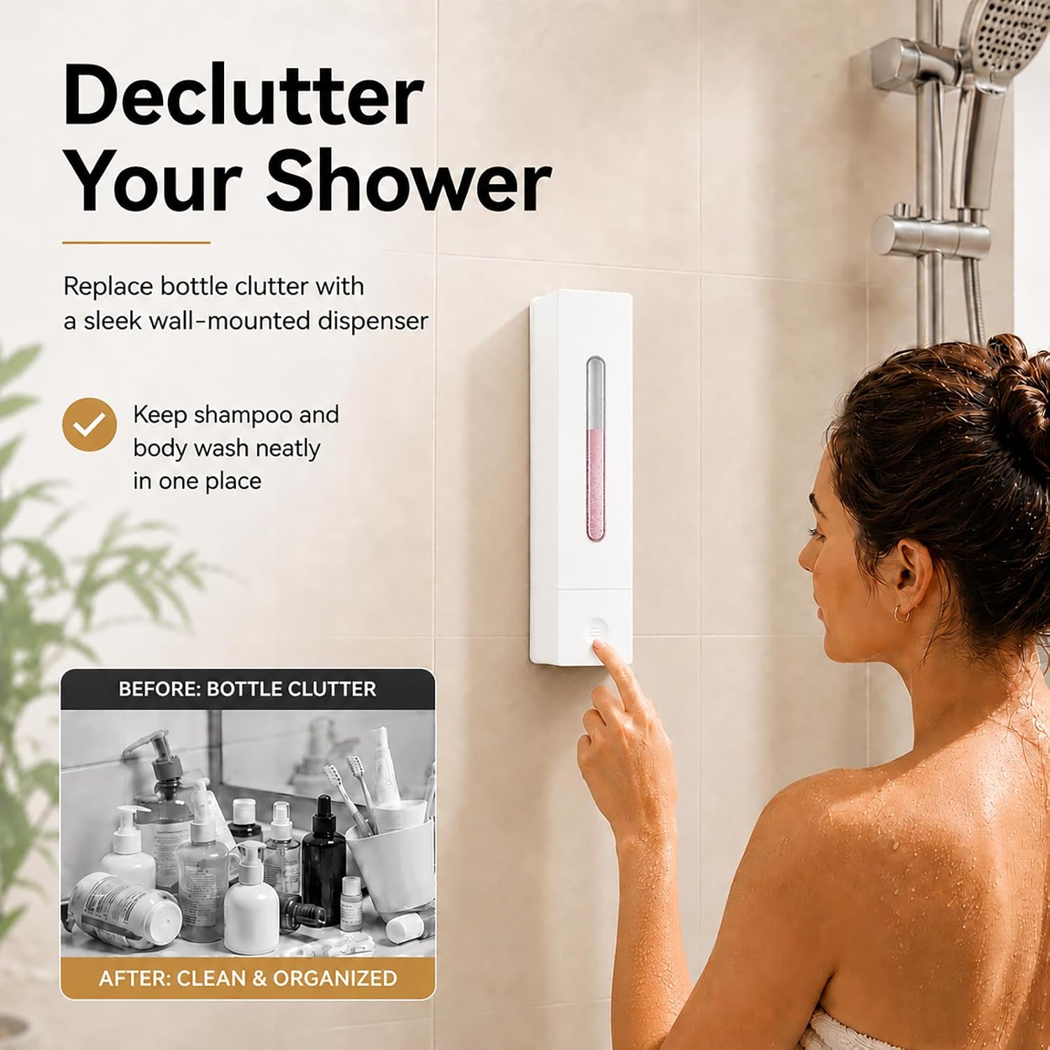 Shampoo and Conditioner Dispenser - Wall-Mounted 3-Chamber Shower Soap Dispenser, No-Drill, 1200ML Capacity, for Bathroom & Hotel image 2
