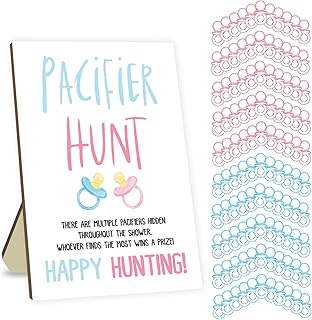 Pacifier Theme Baby Shower Games, Pacifier Hunt Game, Baby Shower Pacifier Hunt Games, Baby Pacifier Hunt Wooden Sign Board and 50 Pink and 50 Blue Baby Pacifiers, Baby Shower Game Set for Boy Girl