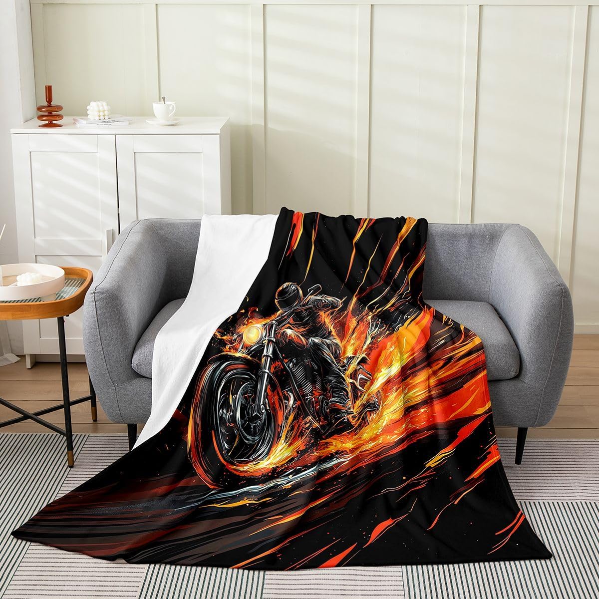 Cool Motorcycle Flannel Blanket for Kids,Extreme Sports Theme Fleece Throw Blanket for Bedroom Sofa Dorm Decor,Modern Black Motocross Print Bedding Set,Green Fuzzy Blankets Baby (30 x 40 Inch)