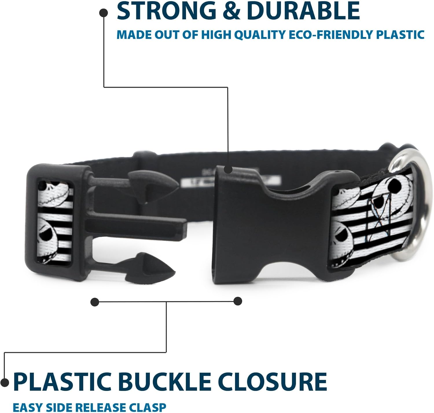 Buckle-Down Plastic Clip Collar - Jack Expressions/Stripe White/Black - 1.5" Wide - Fits 16-23" Neck - Medium