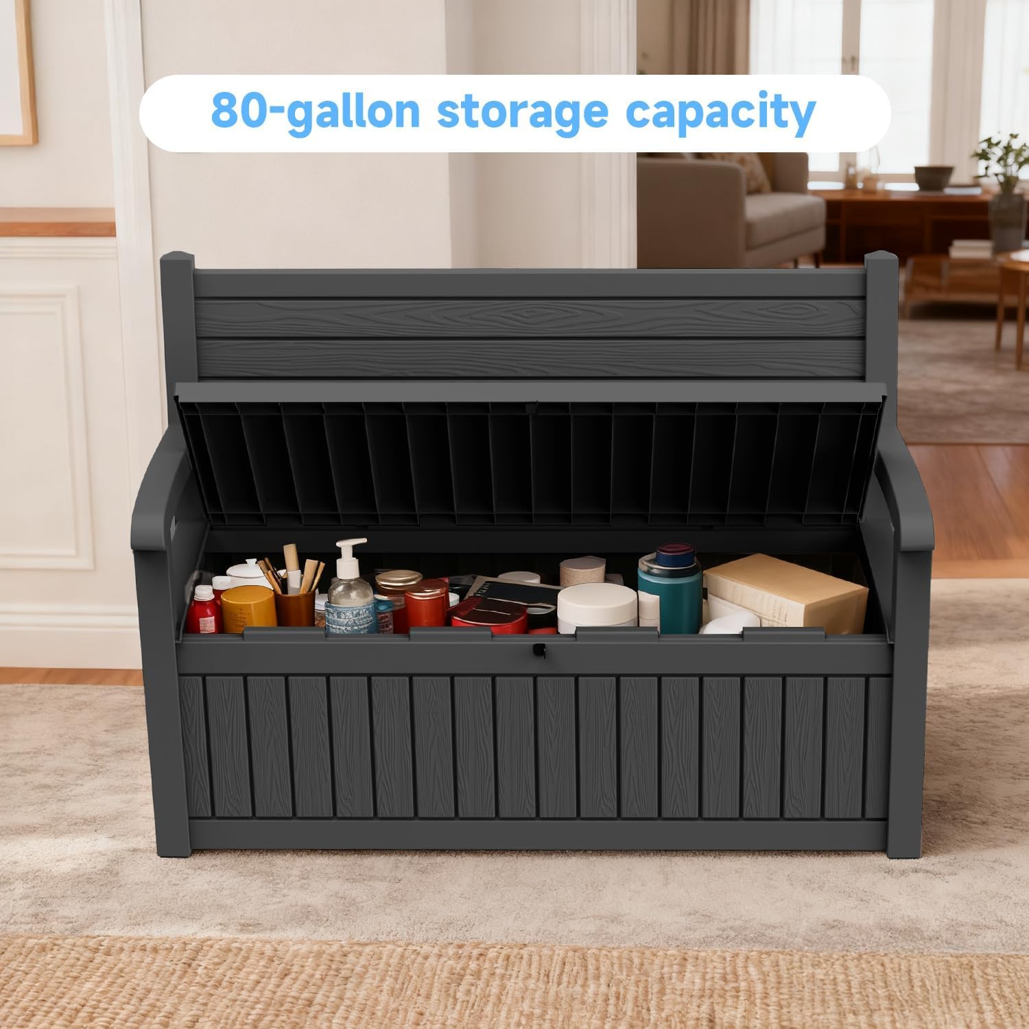 51.06" L x 24.17" W x 35.24" H Outdoor Storage Bench - 70 Gallon Weather-Resistant Resin Rattan-Look Seat (500 lbs Capacity) (Black)