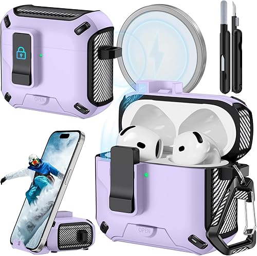 Miniatura 9 de Funda para AirPods 4 (2024) con soporte para teléfono, con interruptor automático a presión, diseño de fibra de carbono, cubierta de protección para