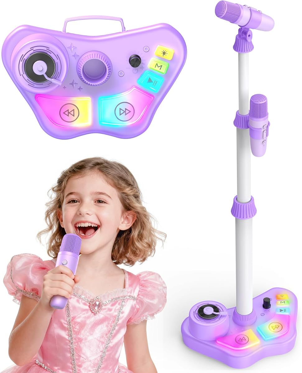 Kids Stand Rechargeable Karaoke Machine Toys with 2 Wireless Mic, Chirstmas Microphone Gifts for 3 4 5 6 7 8 Year Old Girls Grandkids, Bluetooth Speaker with LED Lights Birthday Gift for Age 3-8