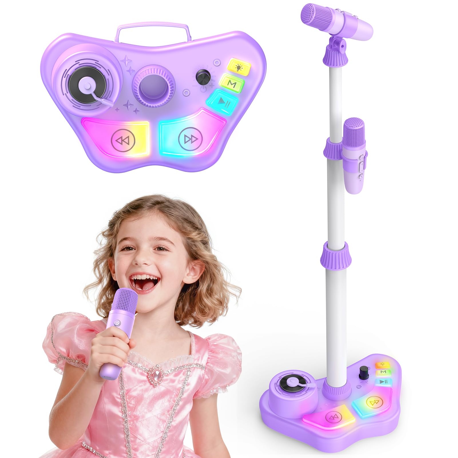 Kids Stand Rechargeable Karaoke Machine Toys with 2 Wireless Mic,Chirstmas Microphone Gifts for 3 4 5 6 7 8 Year Old Girls Grandkids,Bluetooth Speaker with LED Lights & 2 Mic Birthday Gift for Age 3-8