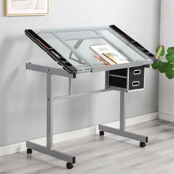 Adjustable Drawing Table with Tilting Tabletop and 2 Storage Drawers, Drawing Table Artist Desk Computer Desk for Home Office