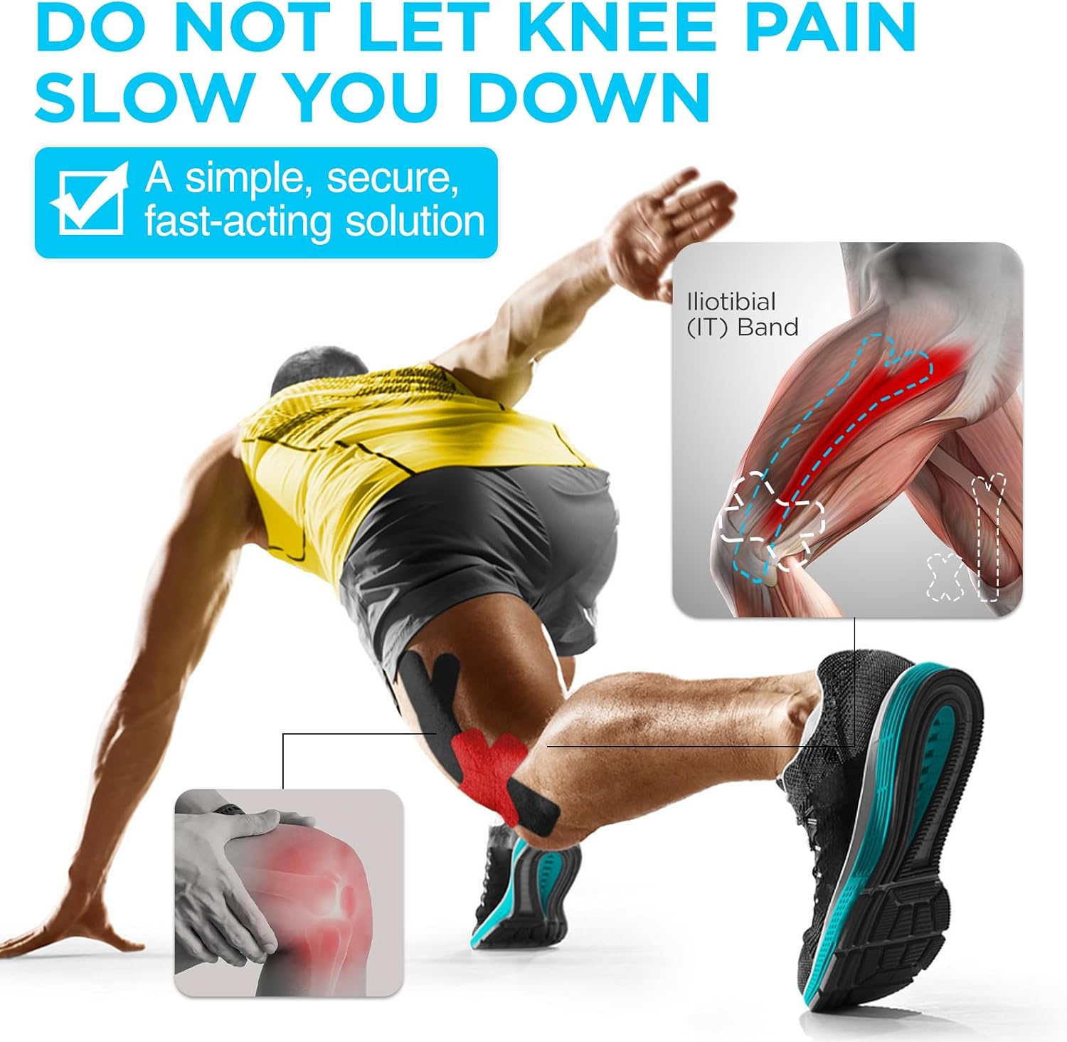 OK TAPE Precut Kinesiology Tape for Knee, Thigh, IT Band Pain Relief, 20 Strips, Provide Support & Stability, Elastic Athletic Tape, Waterproof Knee Tape for Running (Black & Red)