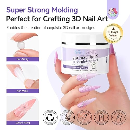 Miniatura 5 de SAVILAND Gel de uñas 3D de 2.12 oz moldeo fuerte en gel 3D para escultura de uñas, gel blanco para esculpir, no se limpia para extensión, geles no