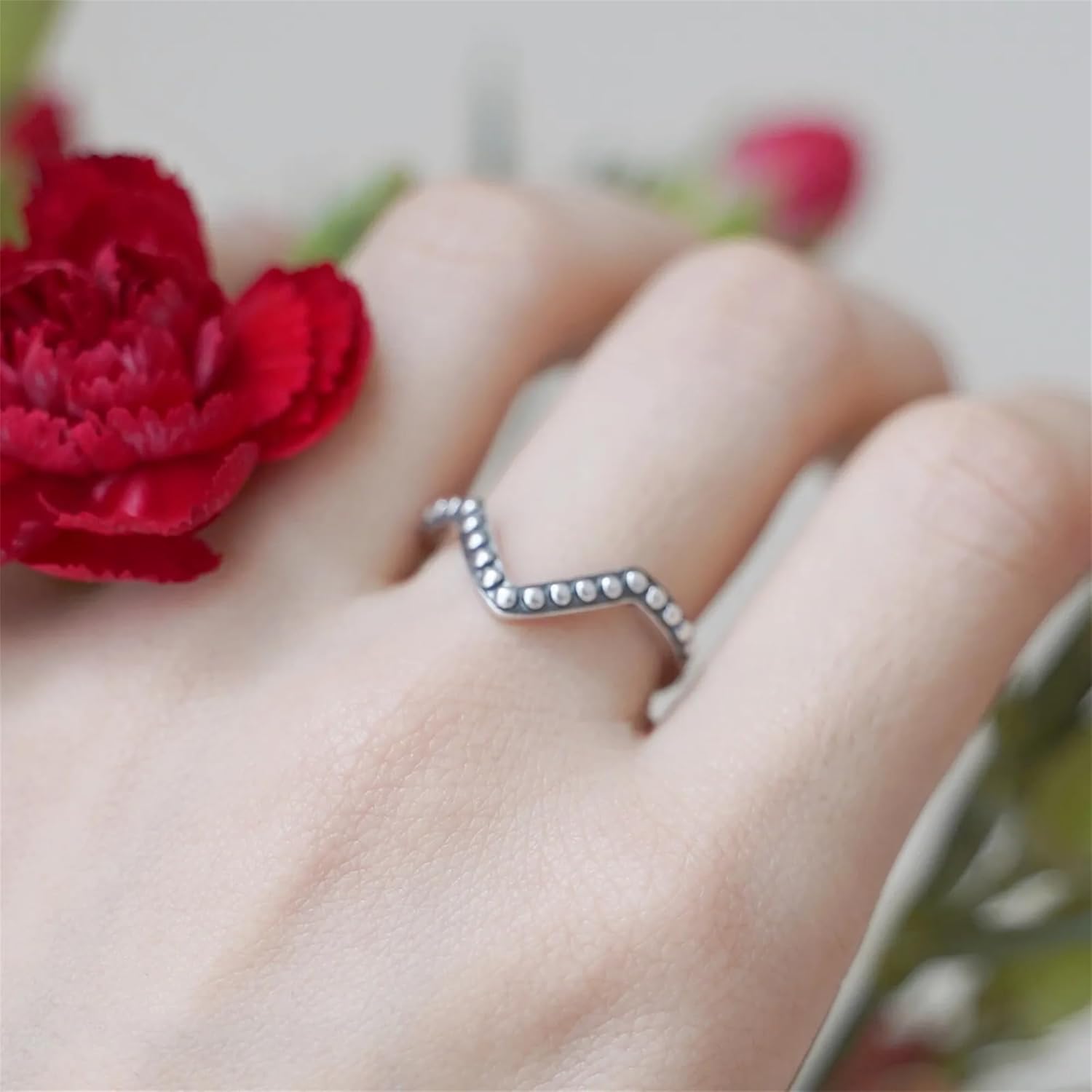 Sterling Silver Oxidized Wishbone Chevron V Shape Beaded Stacking Ring