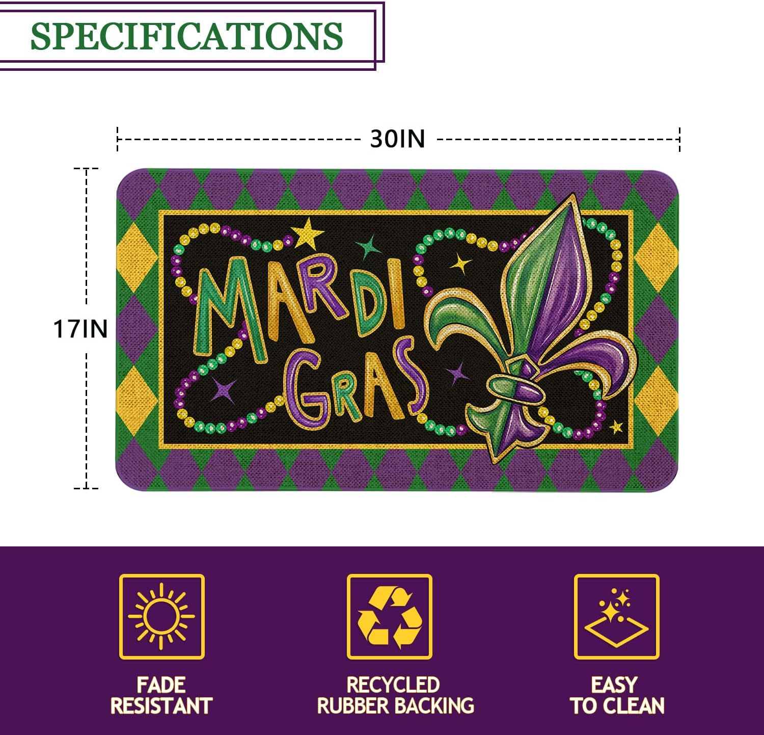 Mardi Gras Fleur De Lis Welcome Doormat 30x17 Inch Carnival Door Mat for Indoor Outdoor Entrance Non-Slip Washable Floor Mats Mardi Gras Home Party Decor Rugs