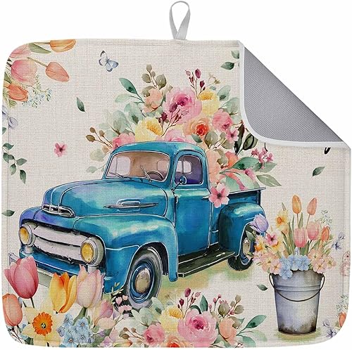 Easter Dish Drying Mat Blue Truck Spring Drying Matt Kitchen Counter Absorbent M