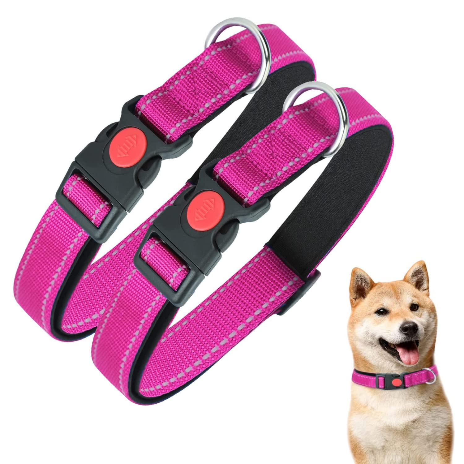 Nobleza - 2× Collar Perro, Collar Nylon Reflectante Suave Acolchado para Perros, Ajustable Collar Perro Mediano con Cerradura de Seguridad, Collares de Entrenamiento para Perros (M, Rosa)