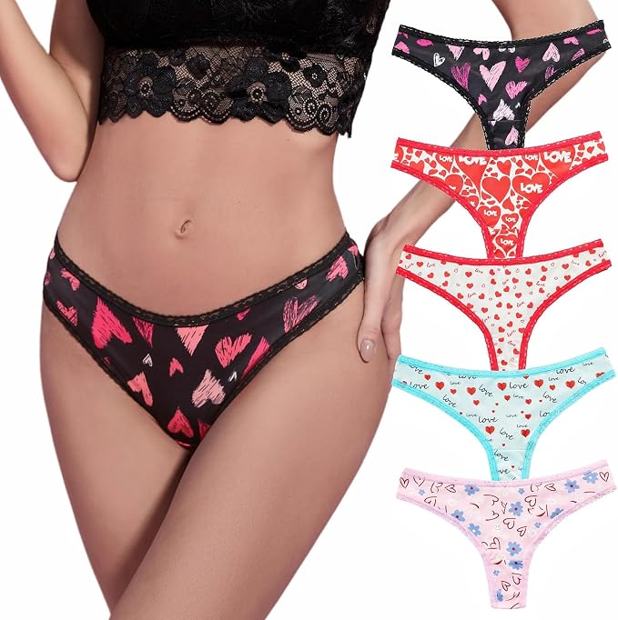 Morvia 5-Pack Lace Trim Thong with Floral and Heart Prints
