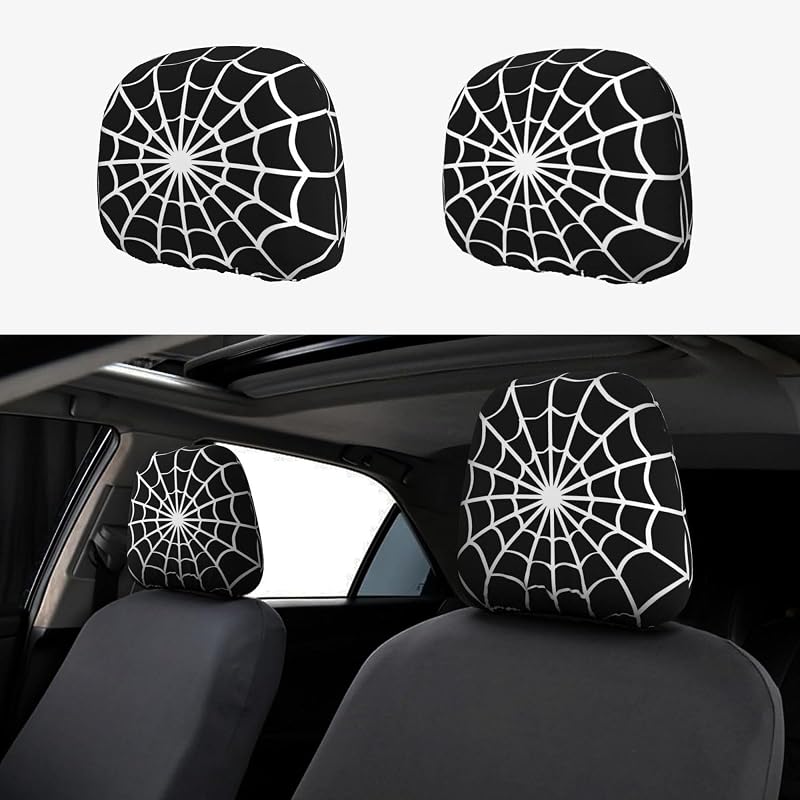 Capa para Encosto de Cabeça Automotivo Spider Web Preto e Branco em Poliéster, 2 unidades IWBTFST