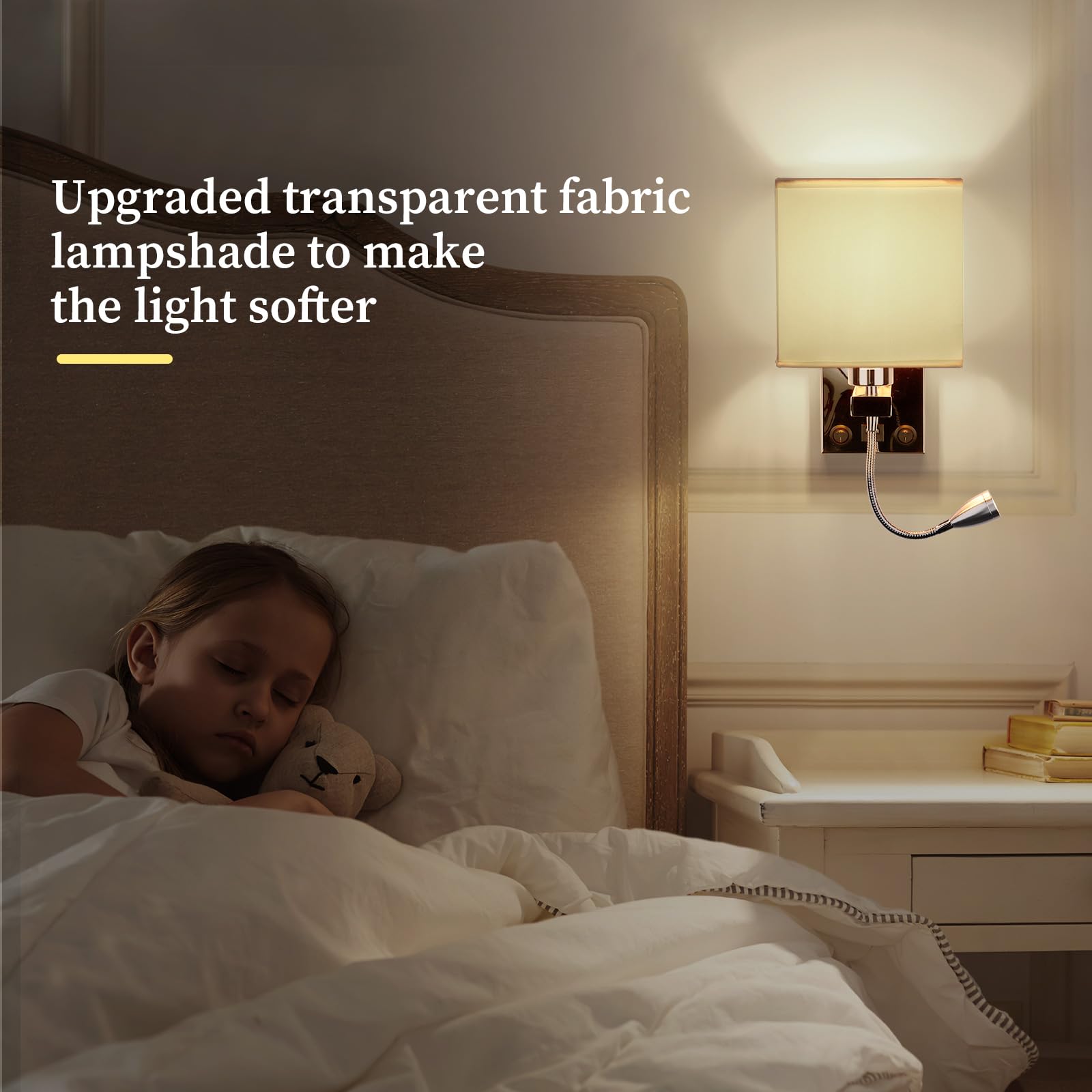 ALLOMN Applique da Comodino, Applique da Lettura a LED Applique Moderna Cromata Lucida con Faretto Orientabile a Collo di Cigno, Doppi Interruttori, Con porta USB da Caricare E27 (Con USB, 1 PCS)
