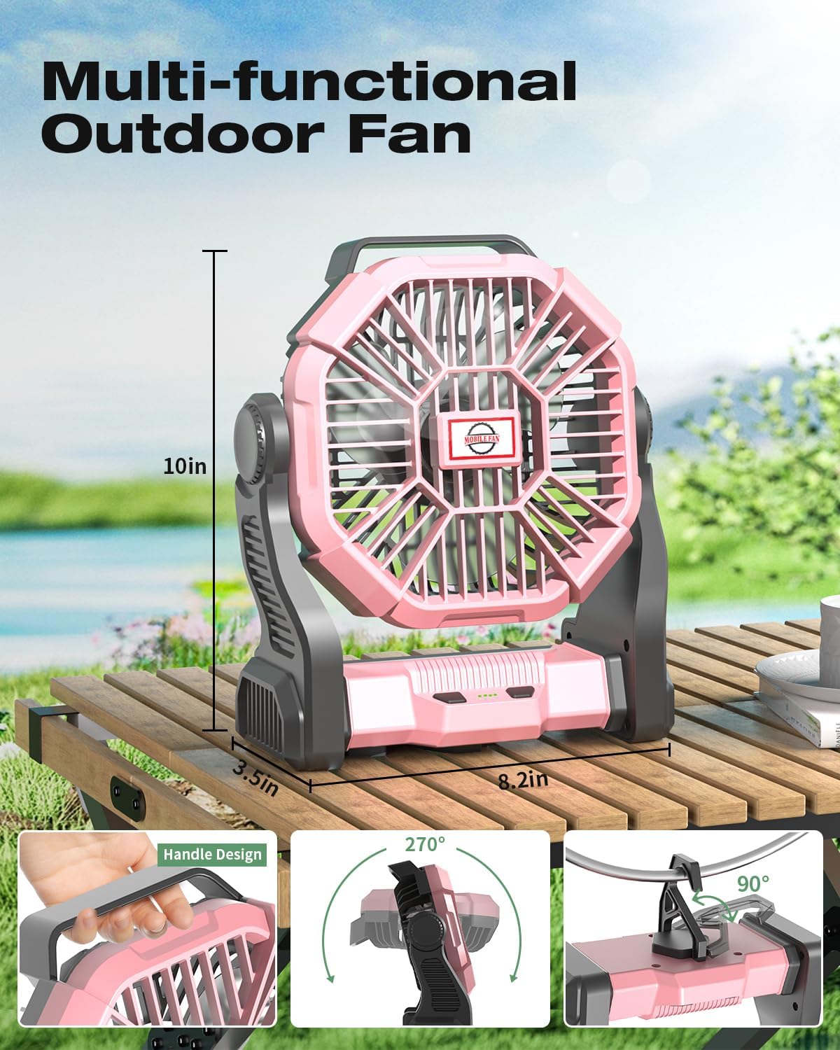 AEscod Camping Fan Rechargeable, Cordless Battery Powered Camping Fan with LED Lantern, Hanging Hook, 270°Rotation, 20000mAh Personal Battery Operated for Beach, Picnic, Fishing, Travel, Tent, BBQ