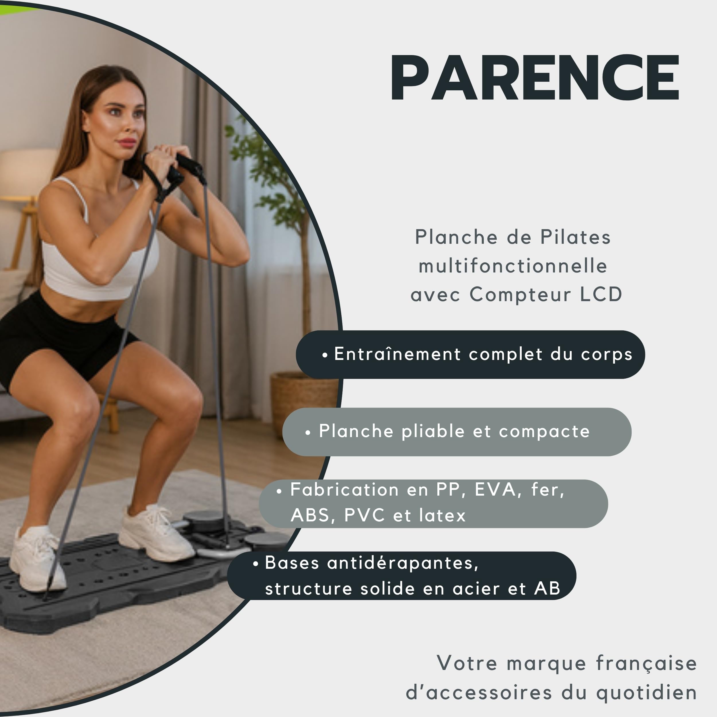 PARENCE.- Planche de Pilates multifonctionnelle avec Compteur LCD – Appareil d’entraînement Pliable 115x47 cm – renforcement Musculaire Complet à Domicile – avec poignées, Sangles et Tapis