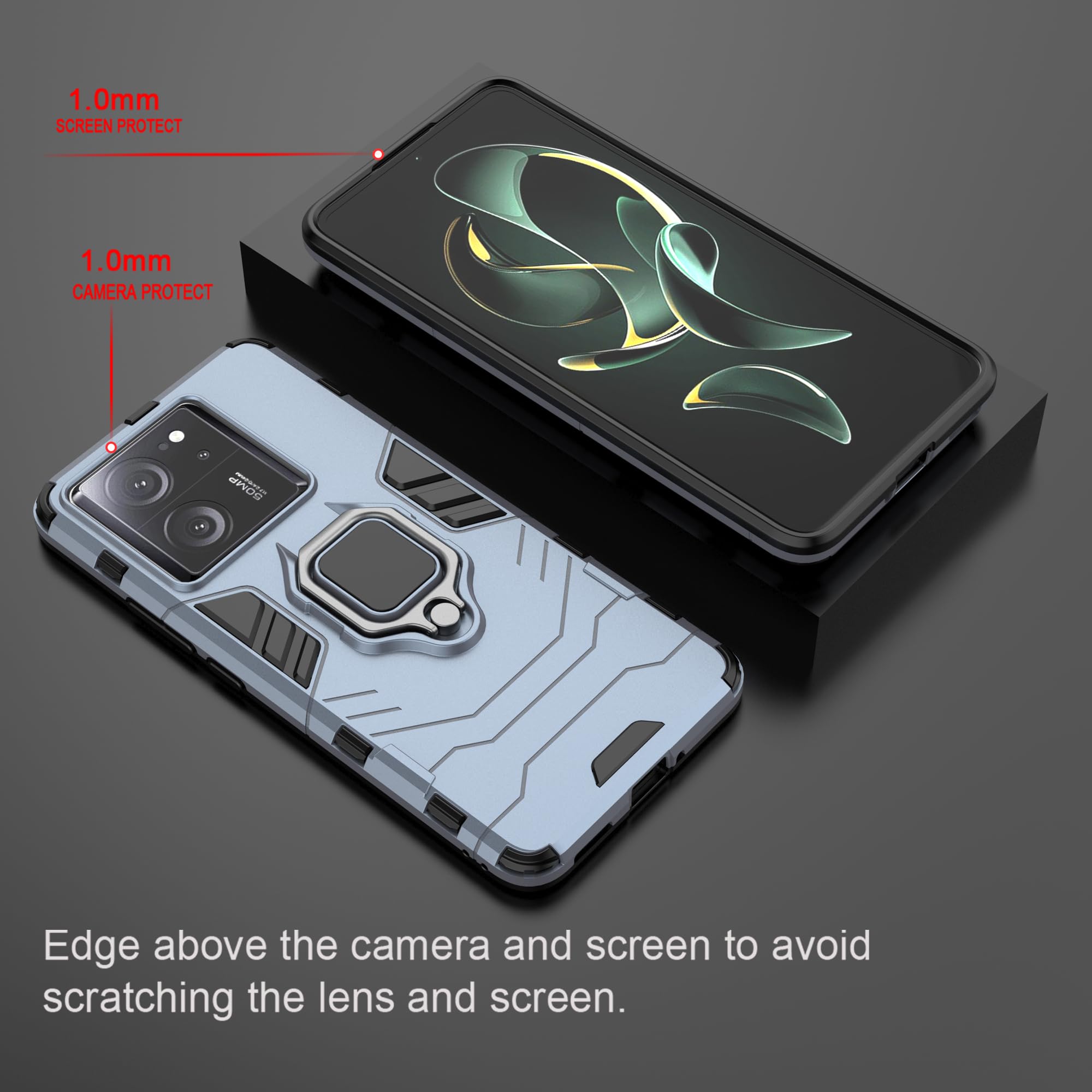 COMAKU Cover Armor per Xiaomi 13T / 13T Pro, Custodia TPU+PC Antiurto con Anello Supporto [con 2 Pezzi Vetro Temperato Pellicola Schermo ] - Blu