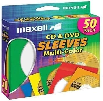ماكسيل 190134 CD & amp؛ أكمام غلاف تخزين ورق DVD مع ورق بلاستيكي شفاف متعدد الألوان 50 عبوة
