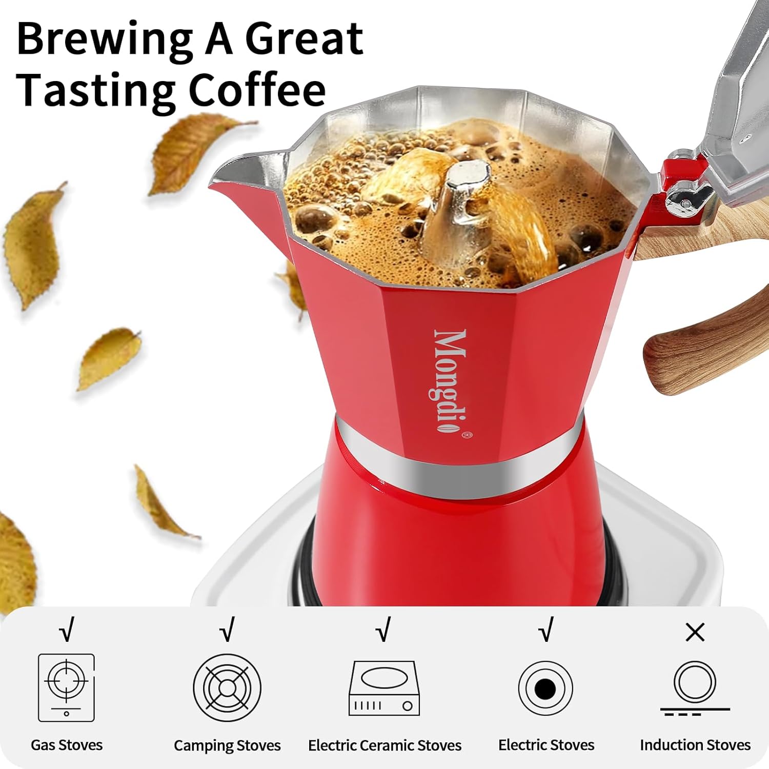 Mongdio Stovetop Espresso Maker Moka Pot, Cuban Coffee Maker Stove top coffee maker Moka Italian Espresso Greca Coffee Maker Brewer Percolator, 12 Espresso Cups, 20 oz - Red