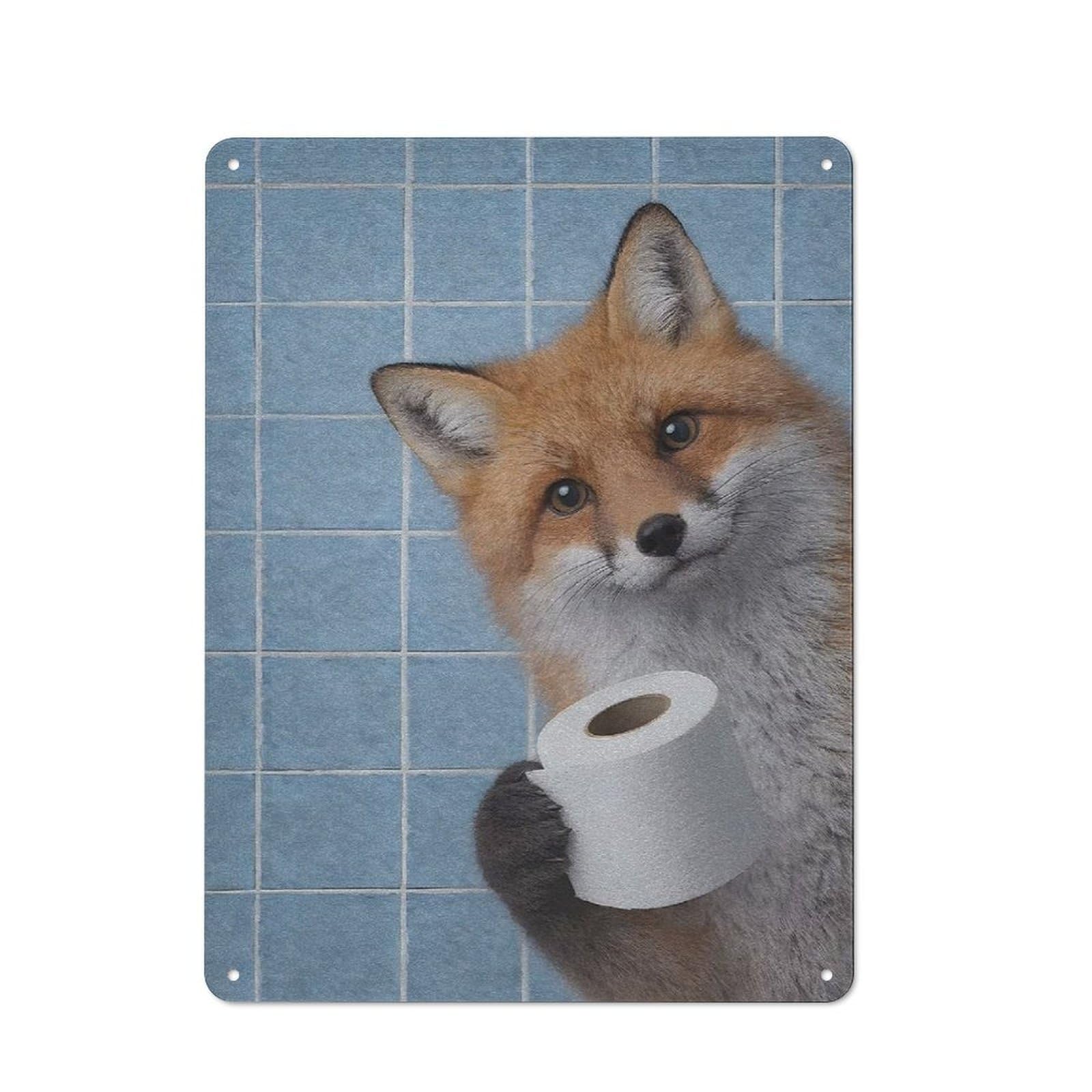 Junmoney Style-19 Fox Holding Toilet Paper Metal Wall Plaque 40X30cm, Vintage Nostalgic Wall Art For Bedroom, Office, Home Bar Or Dining Room