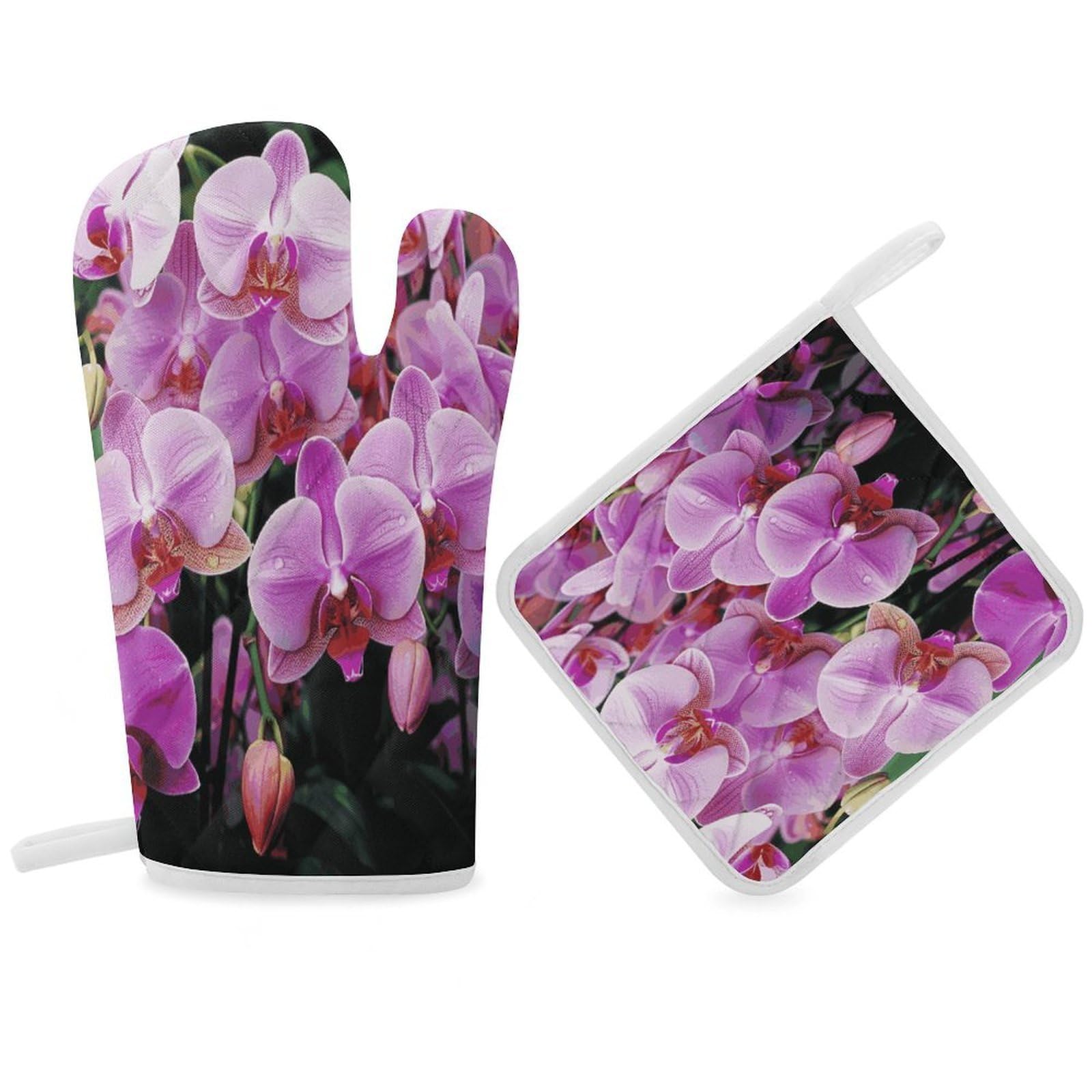 Orchids Oven Mitt Thick Substantial Heat Insulation Gloves Soft Skin-Friendly Temperature Resistant Oven Mitts for Cooking Lover Cooks