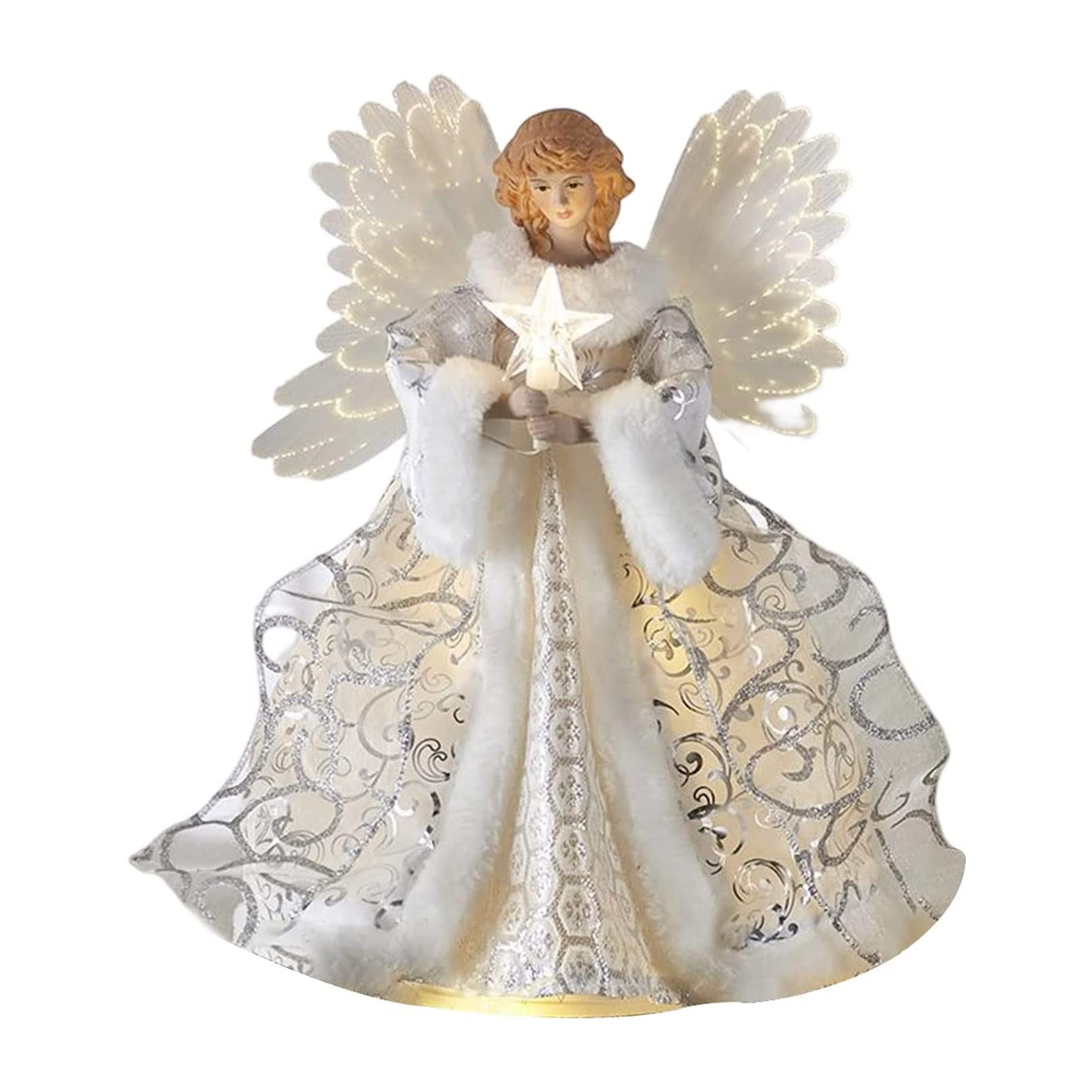 MOCIUN Engel Weihnachtsbaumspitze Dekorationen Leuchtender Stern und weiße Flügel Harz Engel Ornamente für Weihnachtsbaumschmuck