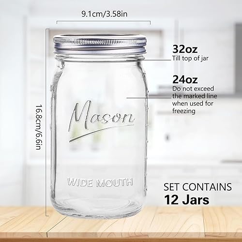 Miniatura 2 de Tarros Mason de 32 onzas, paquete de 12 tarros Mason de boca ancha con tapas herméticas, tarros de vidrio para fermentación, decapado, preparación