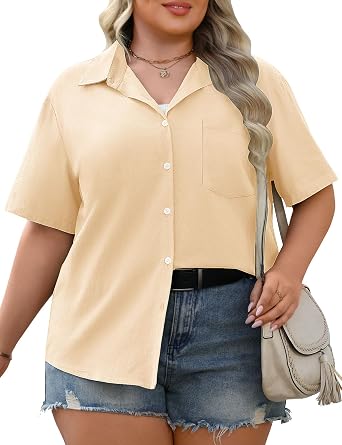 Plus Size Button Down Shirts Casual V Neck Summer Cotton Linen Top Short Sleeve Collared Shirt Blouse Lightweight Tunic