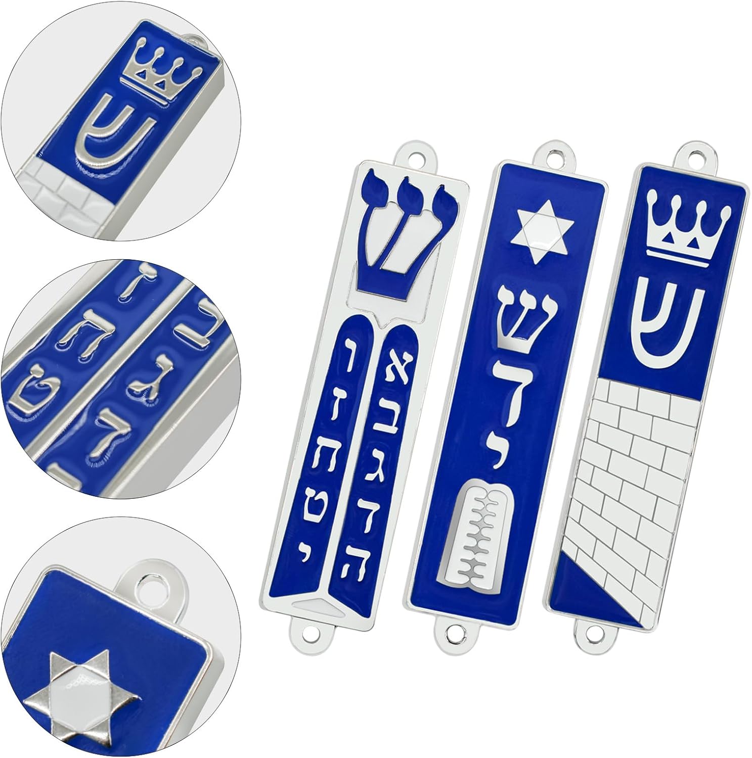 MrMrKura Set of 3 Mezuzah with Scroll for Door, Jerusalem Mezuzah Case with Star of David Ten Commandments Torah Crown Blue Silver Case for Jewish Gifts, Jewish House Warming Decor, Christmas, Easter