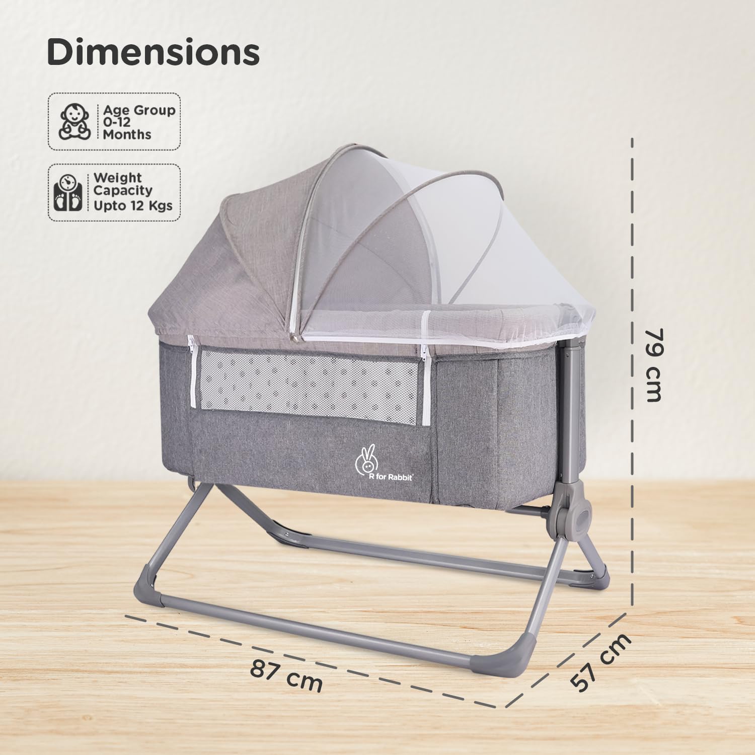 R for Rabbit Hop A Little Baby Cot Bedside Bassinet for Kids | 4 Level Height Adjustment Crib with Breathable Mesh for 0 to 12 Months Infant Weight Capacity Upto 20kgs (Dark Grey)