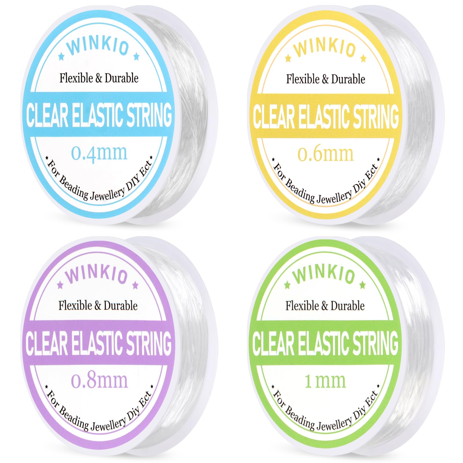4 Rollen Elastisches Band (52m) – Gummiband für Armbänder (0.4/0.6/0.8/1mm) | Transparente Reißfestes Nylonschnur & Dehnbares Fäden für DIY Schmuck, Perlenarmbänder und Handwerk