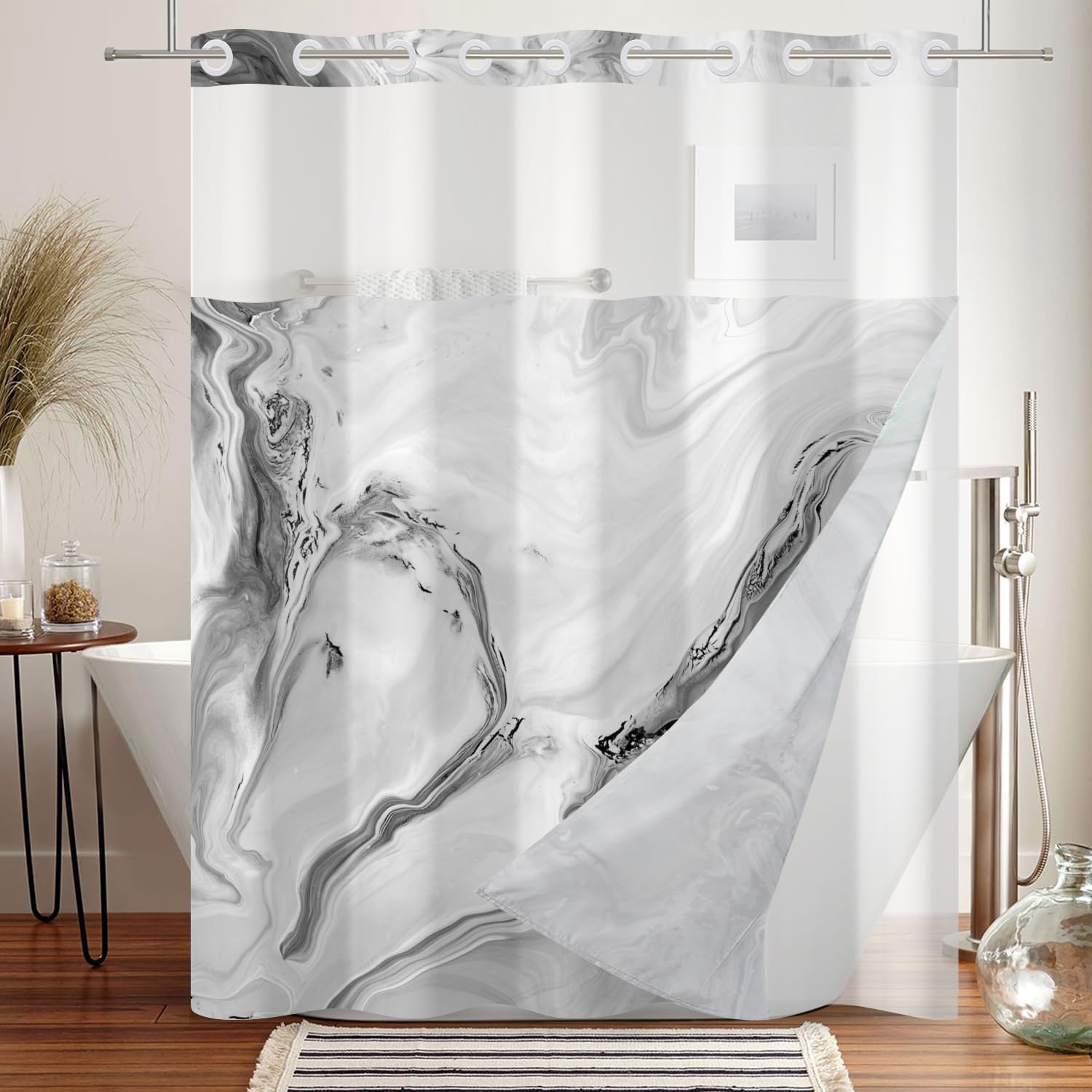 DASHAN No Hook Shower Curtain with Snap in Liner, Grey Marble Shower Curtains for Bathroom, Abstract Modern Luxury Texture Bathroom Curtain Hotel Fabric Bath Curtains 71"x74"