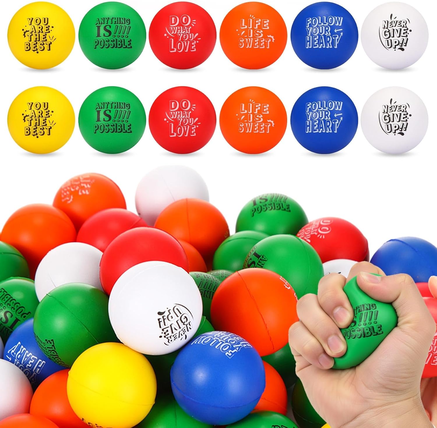 Leyndo 200 Pack Stress Balls Bulk Motivational Stress Relief Colorful Foam Squeeze Balls with Inspirational Quotes for Adults Teens Kids Relief Encouraging(Dark, Round)
