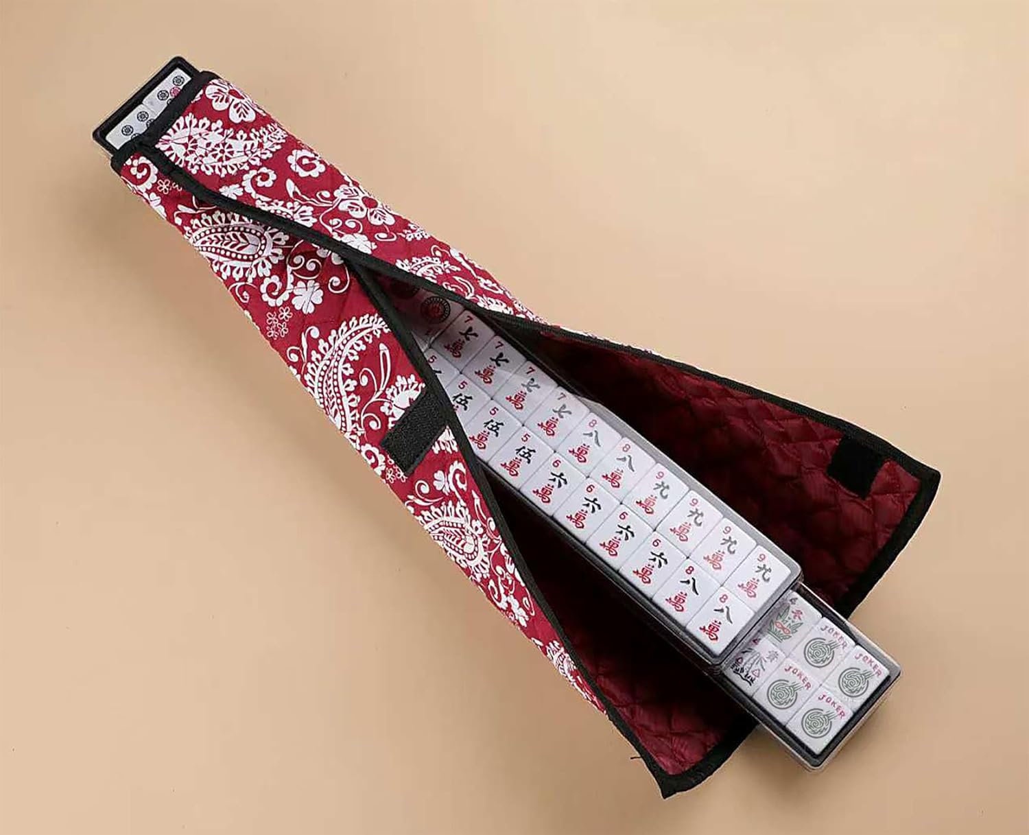 Mose Cafolo American Mahjong Game Set, Red Paisley Carrying Bag,166 Premium White Tiles, All-in-One Color Rack/Pushers, Chips,Wind Indicator, English Manual,Complete Mah jongg, Mahjong Tiles Set