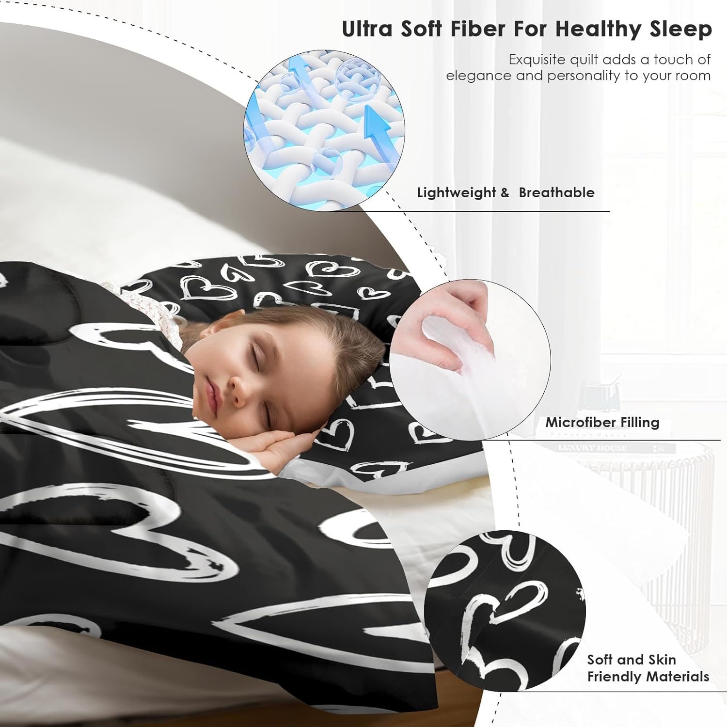 Pamnest Comforter Set Queen Size, Love Valentine Cute Soft 3 Pcs Bedding for Kids and Adults, Polka Heart Black White Comforter Set with 2 Pillowcases, for Bedroom Bed Decor