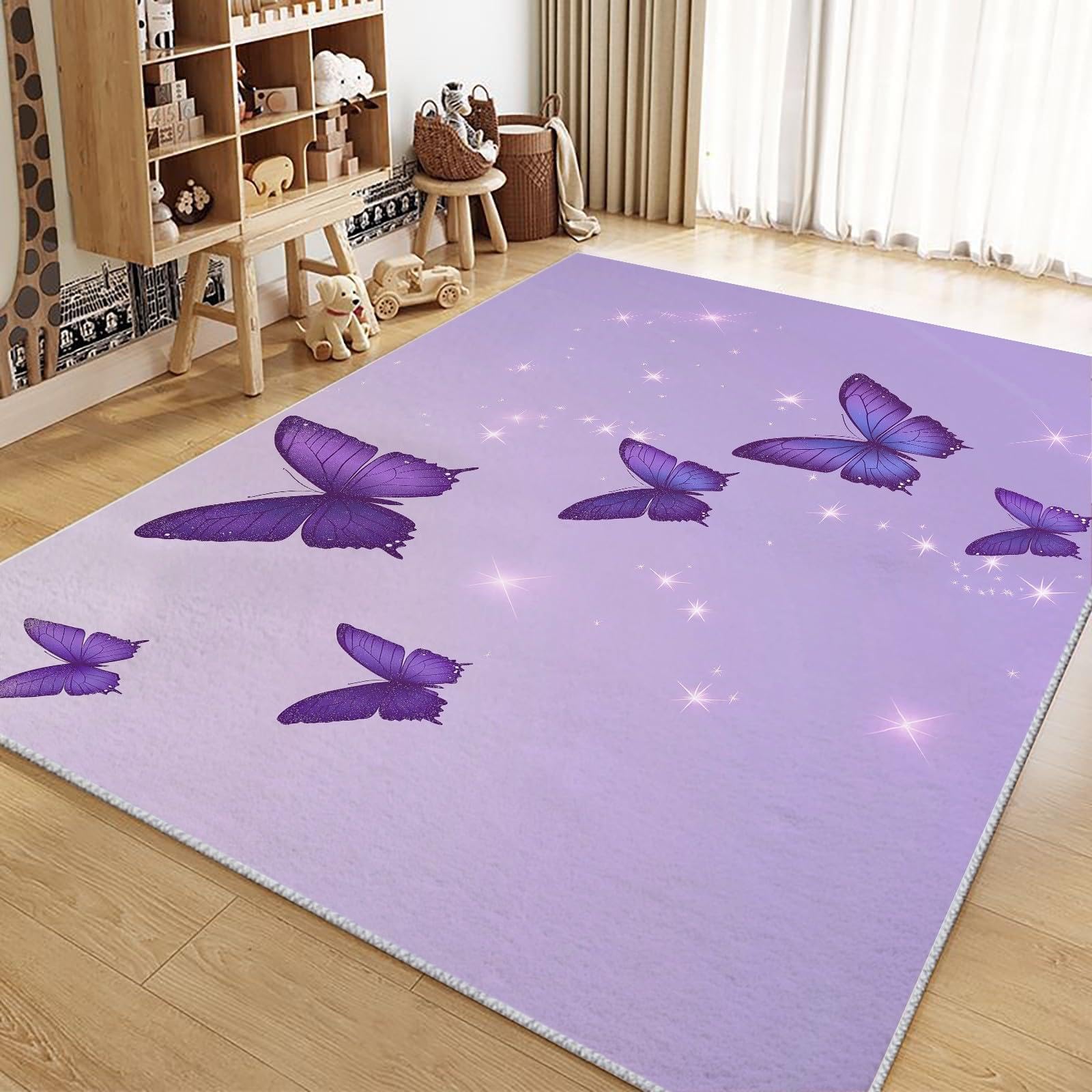 Alfombra Antideslizante Mariposa Morada Alfombra Habitación Infantil, Moderna Alfombra Lavable, Suave Alfombras de Pelo Corto para Salón, Dormitorio de Niña 100 x 200 cm