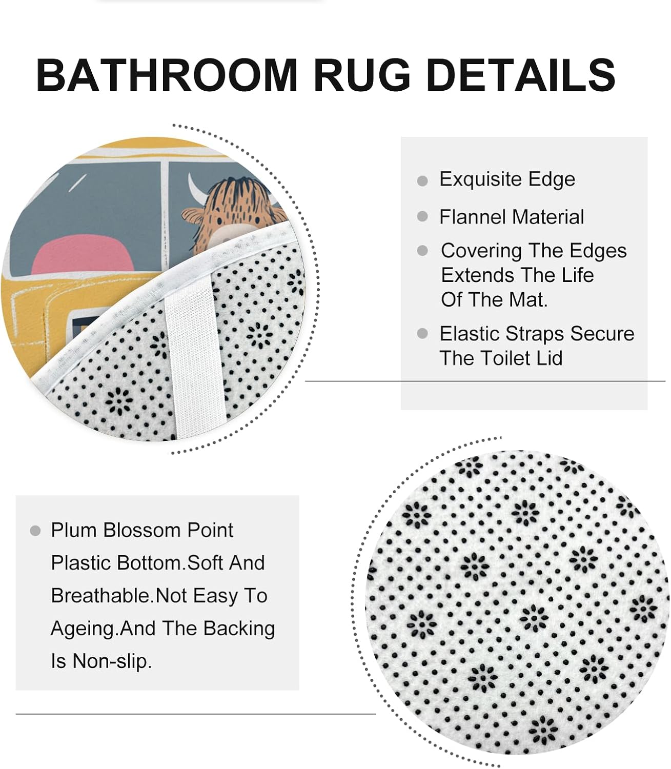 4PCS Cartoon Highland Cows Bathroom Accessory Sets with Non-Slip Rug, U Shape and Toilet Lid Cover Mat, Kid School Bus Bathroom Fabric Decor-72''x72''