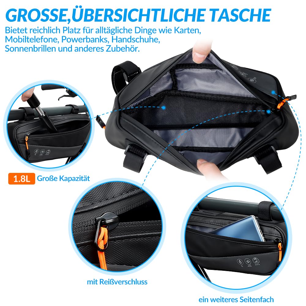 WOTOW Fahrradrahmentasche Dreiecktasche - 1,8 L wasserdichte Fahrradtasche mit Seitentasche, reflektierende Fahrradwerkzeugtasche 30 * 11,5 * 5,7 cm