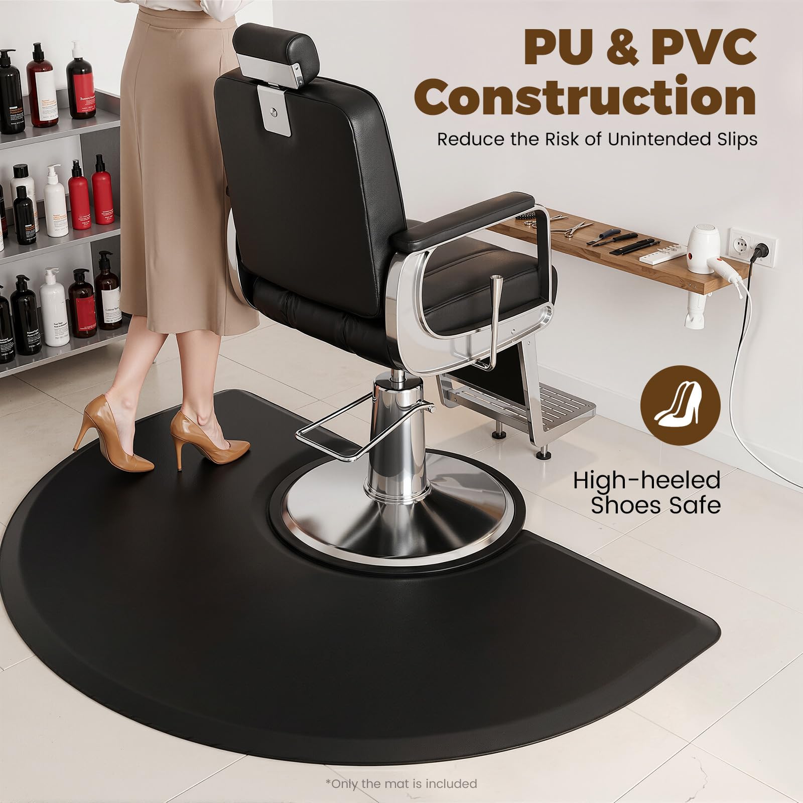 Salon - Alfombra de pie (poliuretano y PVC, 1,5 m, antideslizante, lavable) | Recorte ergonómico para silla de peluquería con bordes biselados, alfombrilla antifatiga para salones de peluquería