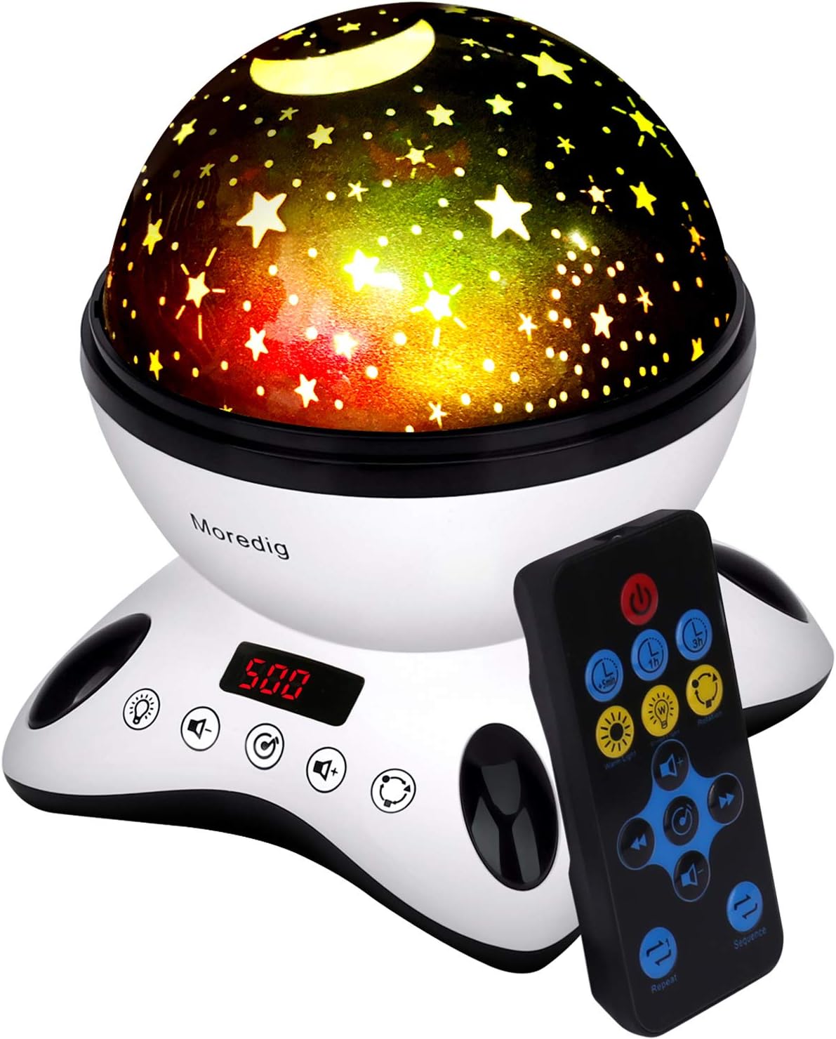 Moredig Night Projector, Remote Control and Timer Design, Touch Sensor and Built-in 12 Songs, 360° Rotating Multicolor Night Lights for Kids - Black