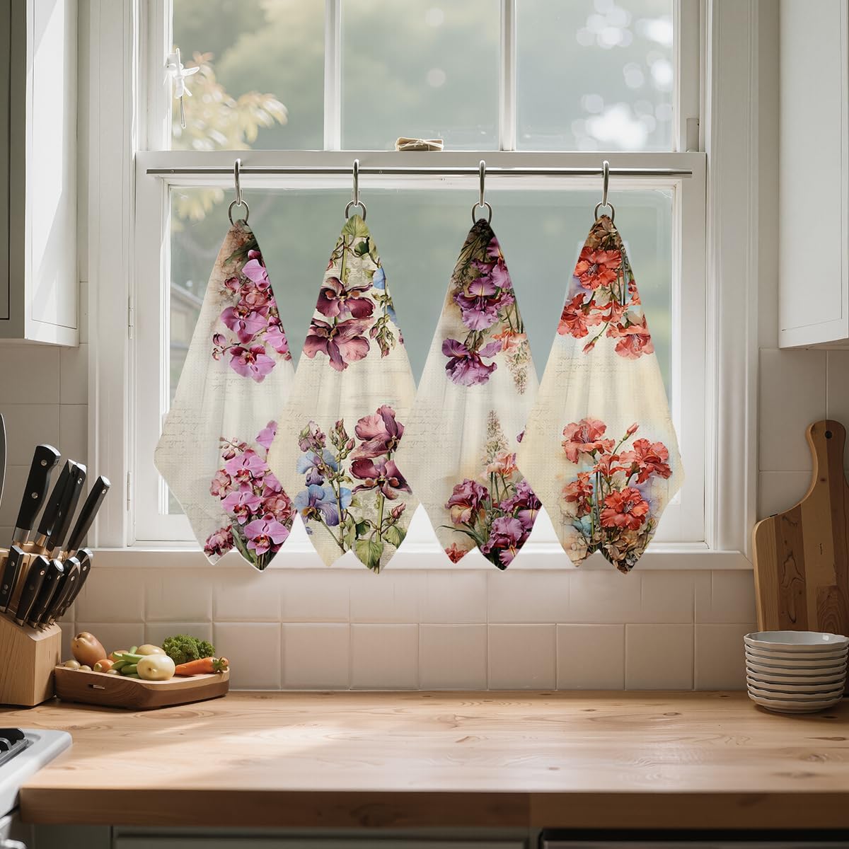 Jztco 4 Pcs Vintage Flower Kitchen Towels, Artistic Decorative Absorbent Microfiber Dish Cloth Tea Towel, Durable Waffle Hand Towels for Farmhouse Home Bathroom, Housewarming Gifts for Women - Image 5