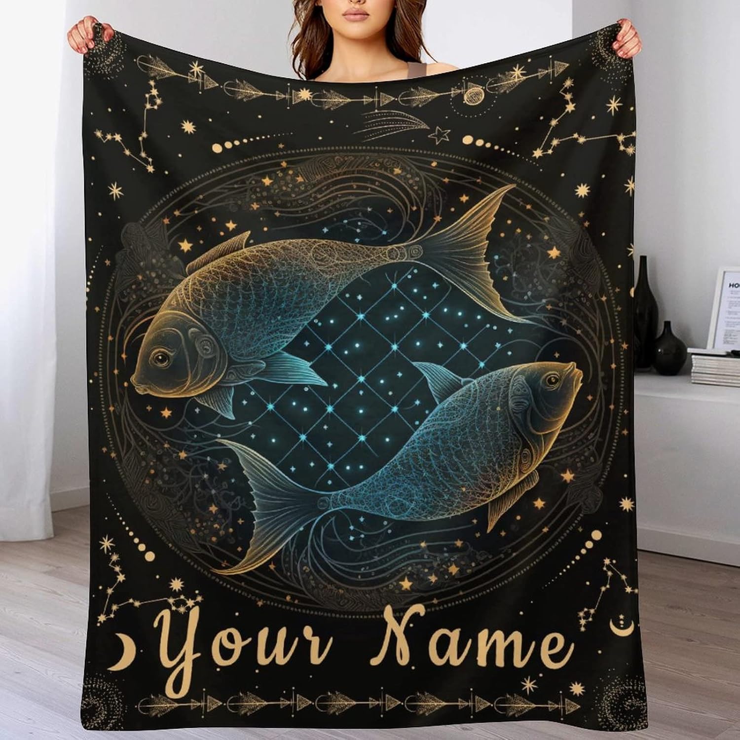 Custom Pisces Blanket for Adults, 60" x 80" Inches Warm Fuzzy Zodiac Throw Blankets for Women, Aesthetic Constellation Throw Gifts for Sofa, Bed & Living Room