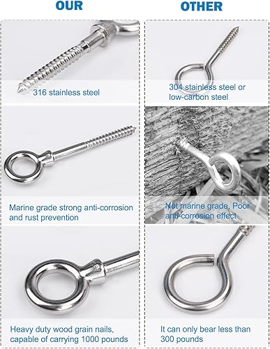 Miniatura 3 de hannger 5 ganchos de ojo de acero inoxidable 316 resistentes de grado marino para tornillos con capacidad de carga de 1000 libras, se pueden