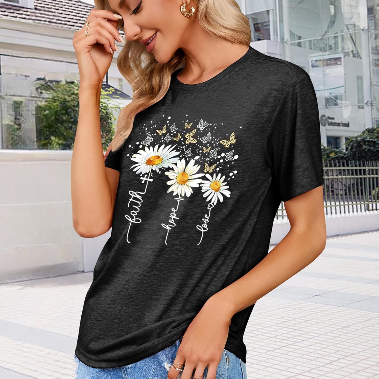 Women's Cute Christian Shirts,Daisy and Butterfly Print Faith T-Shirt Crewneck Short Sleeve Summer Tops Blouse - Image 2
